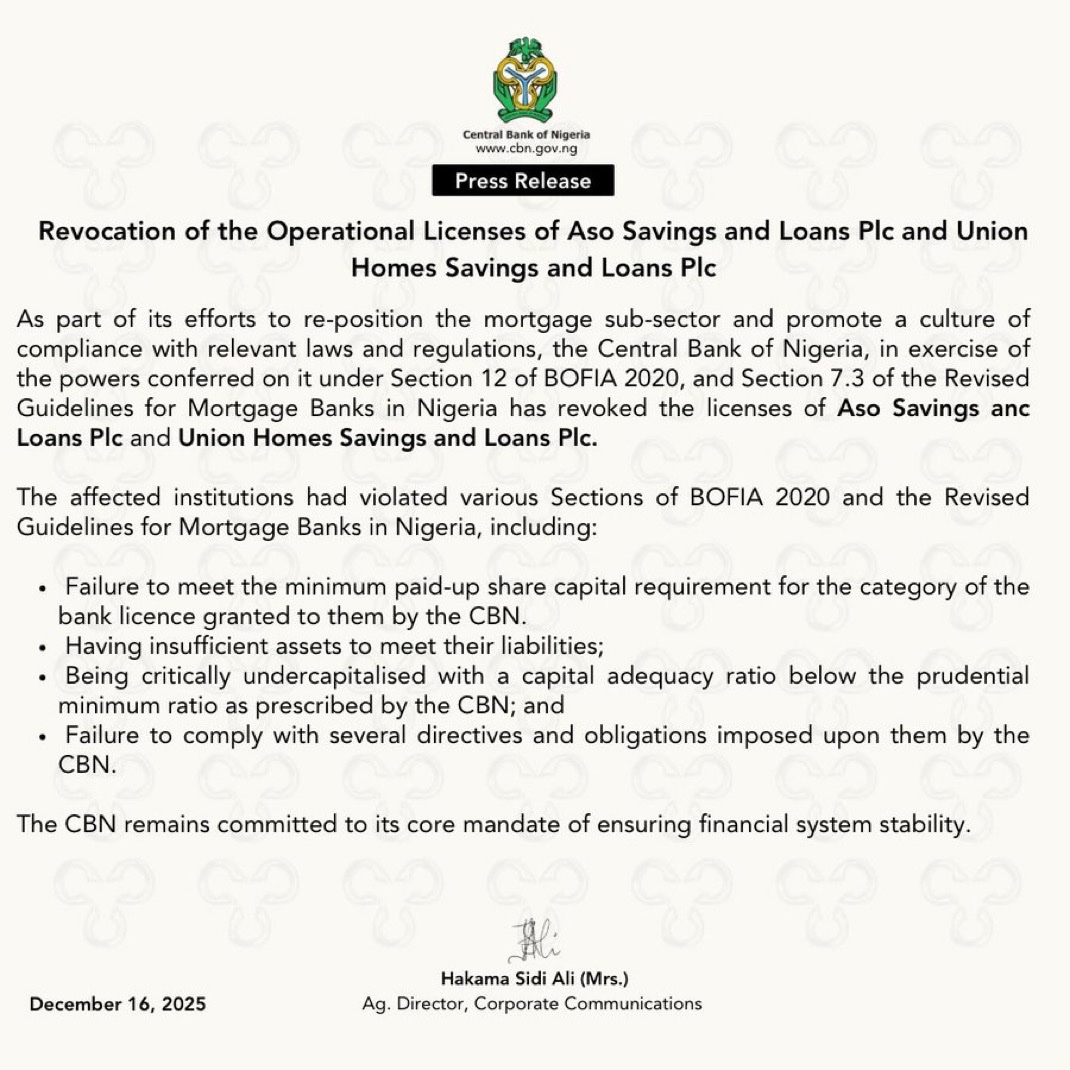 NigeriaStories's tweet photo. BREAKING: The Central Bank of Nigeria (CBN) has revoked the operational licenses of two primary mortgage banks, Aso Savings and Loans Plc and Union Homes Savings and Loans Plc, citing multiple regulatory violations and financial distress. https://t.co/3EQisl6URr