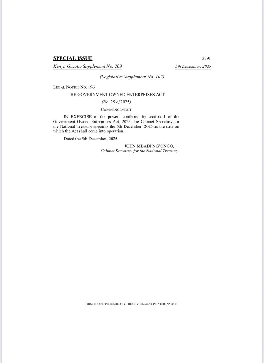 The coming into force of the GOE Act seems to have escaped many peoples attention. All the annexed SOEs have transitioned to LLCs
new.kenyalaw.org/akn/ke/act/202…