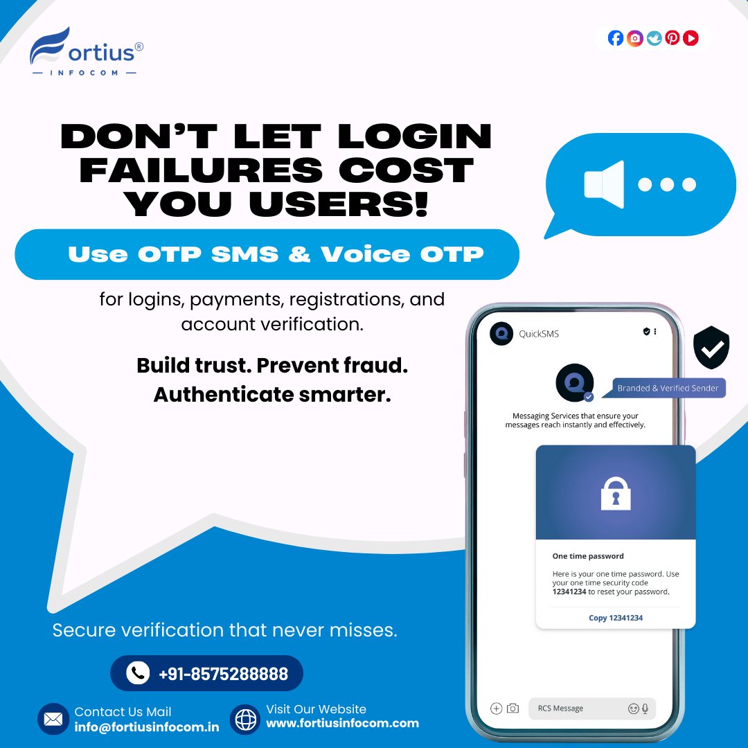 fortiusinfocom's tweet image. 🔒 Protect your platform with Multi-Channel OTP!

📲 SMS OTP + 🔊 Voice OTP ensures 100% delivery, even in low-network areas.

🌐 fortiusinfocom.com/voice-otp
🌐 fortiusinfocom.com/wsms-otp-forti…

#OTP #TwoFactorAuthentication #CyberSecurity #UserVerification #SMSOTP #VoiceOTP

📞 8572-88888