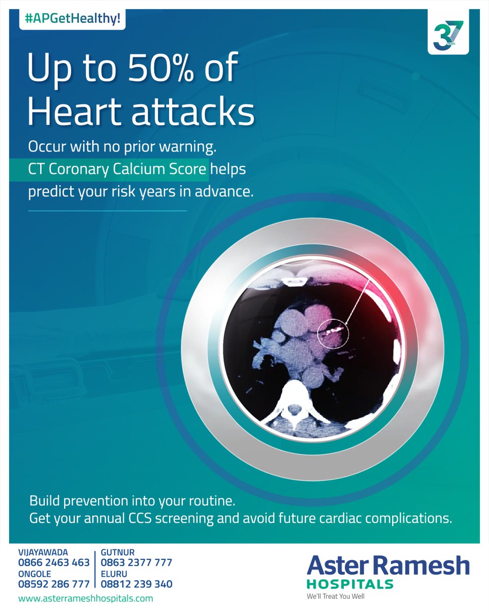 AsterRamesh's tweet image. Up to 50% of heart attacks occur without warning.
A CT Coronary Calcium Score(CCS) can identify hidden risk years in advance.
Don’t wait for symptoms.
Make preventive heart screening a routine step.
Book your CCS screening test today.
#HeartHealth #CTCalciumScore #PreventiveCare