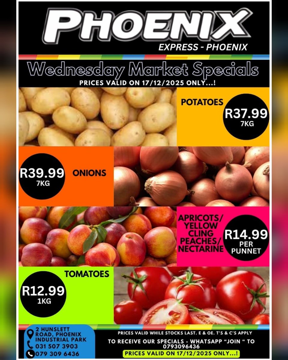 phxexpress's tweet photo. 🇿🇦 Wednesday Market Day Specials 🇿🇦
Visit us for More Awesome Specials In-store. 

Prices valid on 17/12/2025 ONLY...!

Promotion valid whilst stocks last.!!!
Products may vary from pictures. 
#phoenixexpress #phoenix #express #amaoti #ntuzuma #mountmoriah #deals #special https://t.co/Ypsa0U40Ym