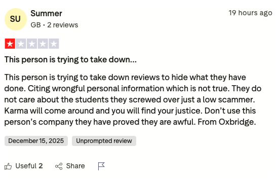 OxbridgeWatchUK's tweet photo. Looks like Matt Jones latest foray into education 'Barston College' is aggressively policing the trustpilot reviews. Because a rebrand doesn't work if people are constantly reminding people of the 5600 students left abandoned after Oxbridge - run by Matt Jones - collapsed. https://t.co/xNgzGprXXp