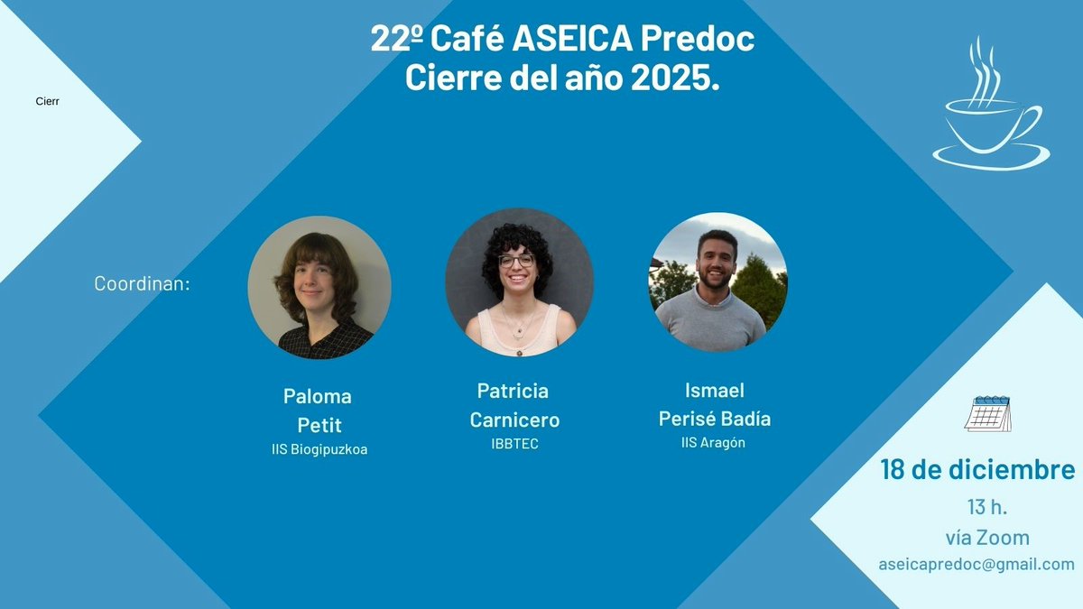 ASEICAnews's tweet image. 🔬¿Eres predoc e investigas en cáncer?

Te interesa‼️
22º Café ASEICA Predoc: Cierre de Año 2025
📅Jueves, 18-DIC
⏰13h vía Zoom

Coordina: Paloma Petit(@biogipuzkoa)&amp;amp;Patricia Carnicero @patriciacj_4 (@IBBTEC )&amp;amp; @ismael_perise (@IISAragon)
📩aseicapredoc@gmail.com

#ASEICAJoven