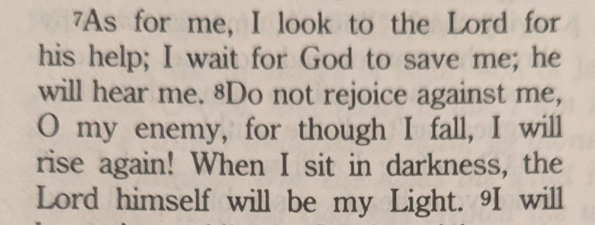 As for me, I look to the Lord for His help; I wait for God to save me; He will hear me. Do not rejoice against me, O my enemy, for though I fall, I will ride again! When I sit in darkness, the Lord Himself will be my Light.

Micah 7:7-8