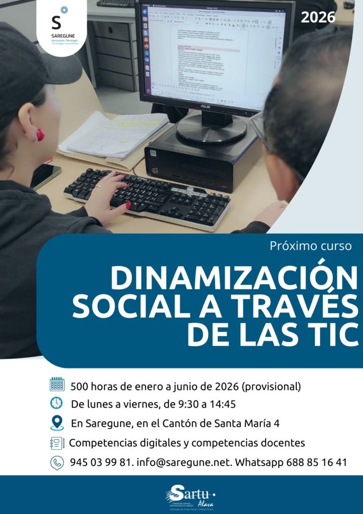 🎓 ¡Nueva edición del Curso Dinamización Social a través de las TIC en
📍 500 h presenciales con oportunidad laboral 
💻 Aprende informática, herramientas web y habilidades de dinamización para enseñar a otras personas.
📅 Inicio: enero 2026
📲 Info saregune.net/es/blog-es/cur…