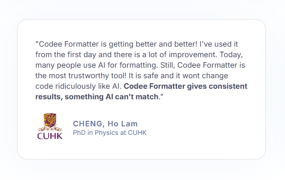codee_com's tweet image. An experienced Codee Formatter user summed it up well 👇

AI can format code. But can you trust what it changes?

When it comes to scientific and long-lived codebases, #predictability matters more than cleverness.

📌 Download Codee Formatter here: codee.com/codee-formatte…