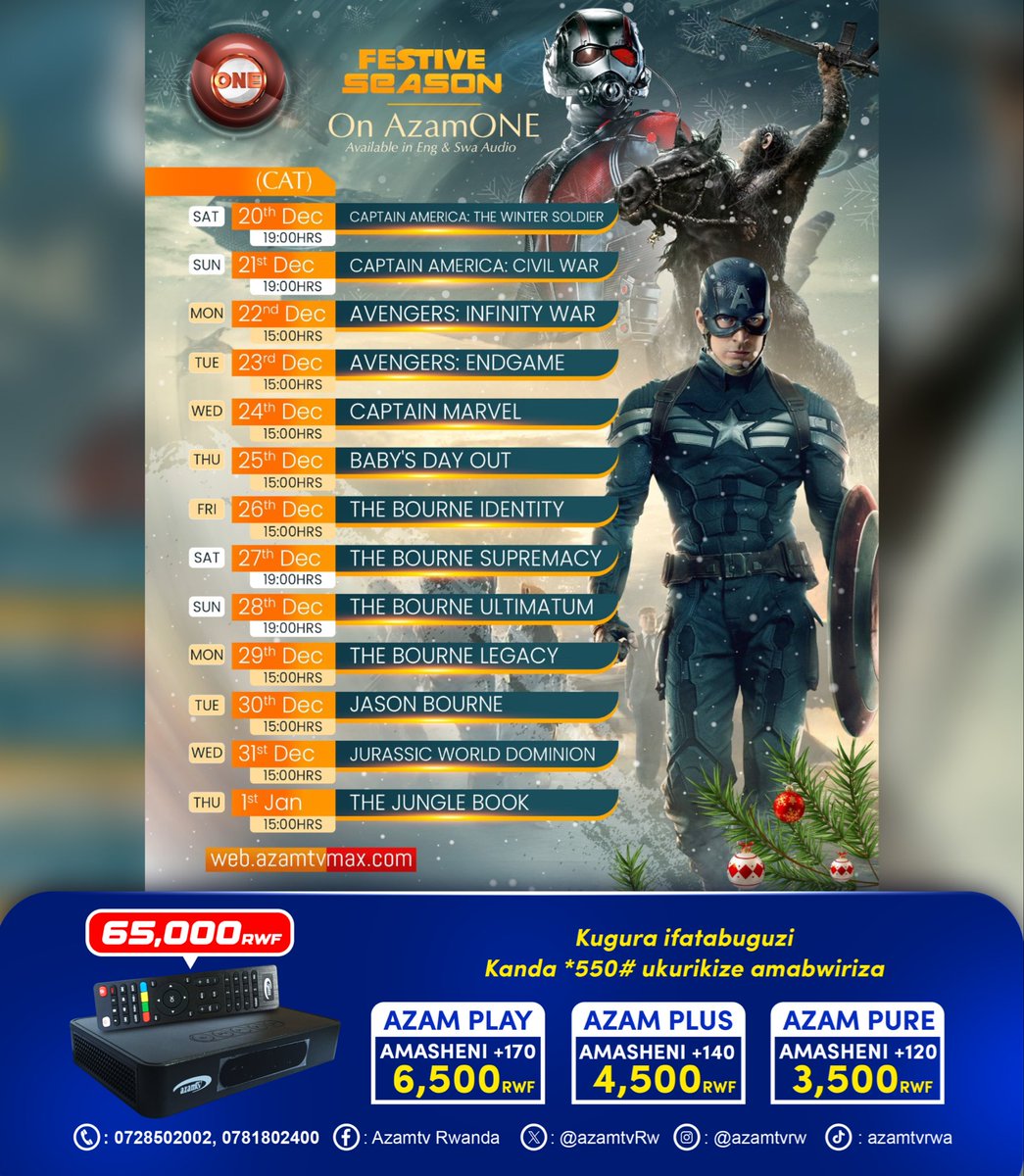 azamtvRw's tweet image. Witegure kuryoherwa n'imyidagaduro idasanzwe!

#AzamONE 🔓 kurikira shene y'i 101 muri ibi bihe by'iminsi mikuru! 🎅🎄🎁

#imyidagadurokuribose
#entertainmentforeverybody