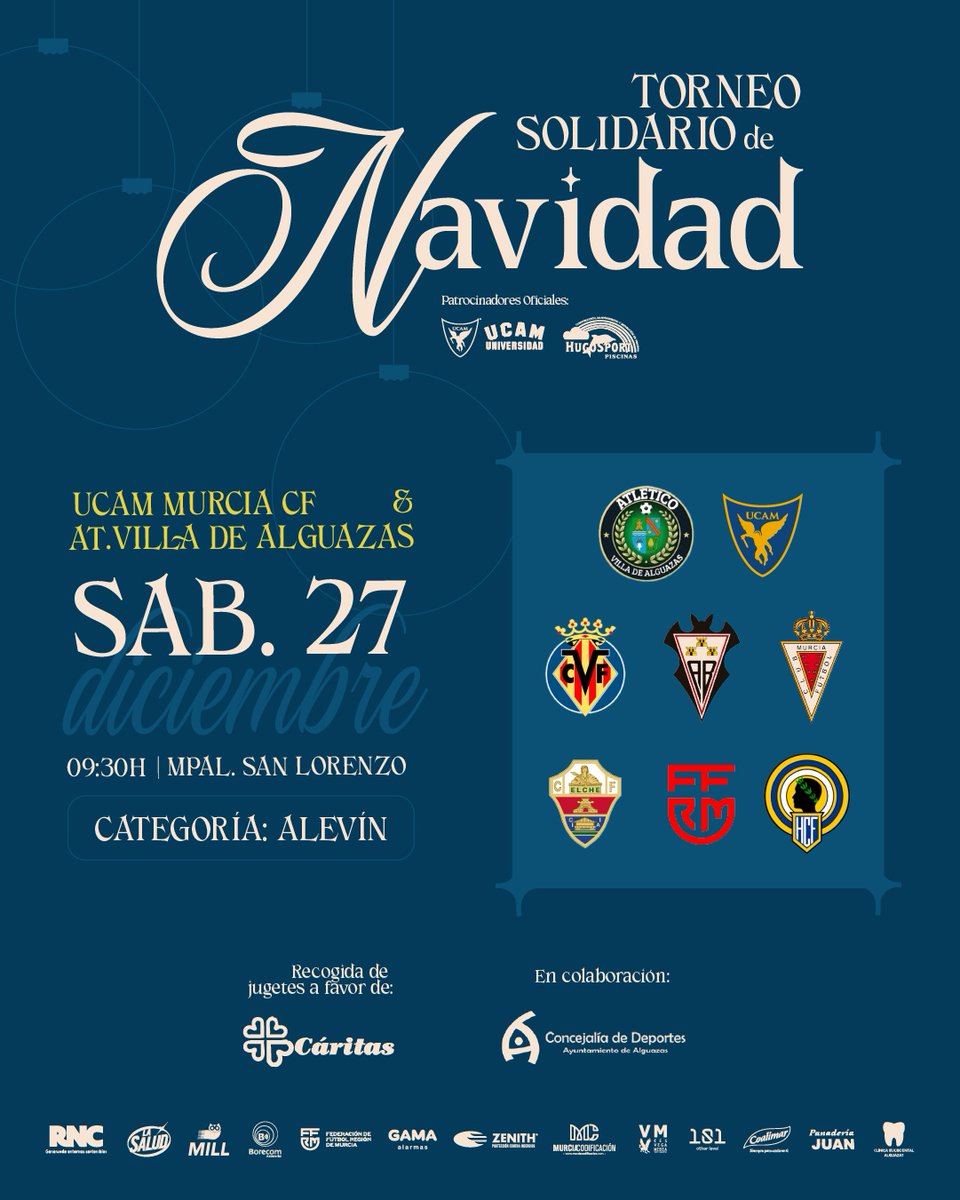 🎄 𝐓𝐨𝐫𝐧𝐞𝐨 𝐒𝐨𝐥𝐢𝐝𝐚𝐫𝐢𝐨 𝐝𝐞 𝐍𝐚𝐯𝐢𝐝𝐚𝐝 

El UCAM Murcia CF y el Atlético Villa de Alguazas se unen por una gran causa.

📅 27 de diciembre del 2025
🏆 Categoría Alevín. 
🕘 Desde las 9:00h.
📍 Municipal San Lorenzo.
🎟️ Entrada gratuita.

Deporte, valores y