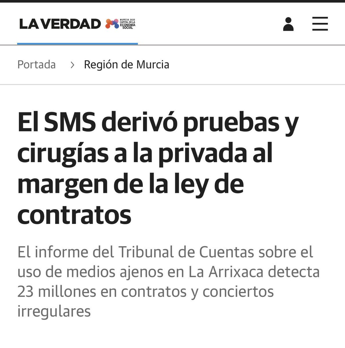 .<a href="/LopezMirasF/">Fernando López Miras</a> avanza en su hoja de ruta para privatizar y desmantelar la #SanidadPública

En dos años, ha aumentado un 24% los conciertos con Ribera Salud, el grupo del escándalo de Torrejón.

Seguiremos defendiendo la sanidad pública de un PP que vende la salud de la ciudadanía.