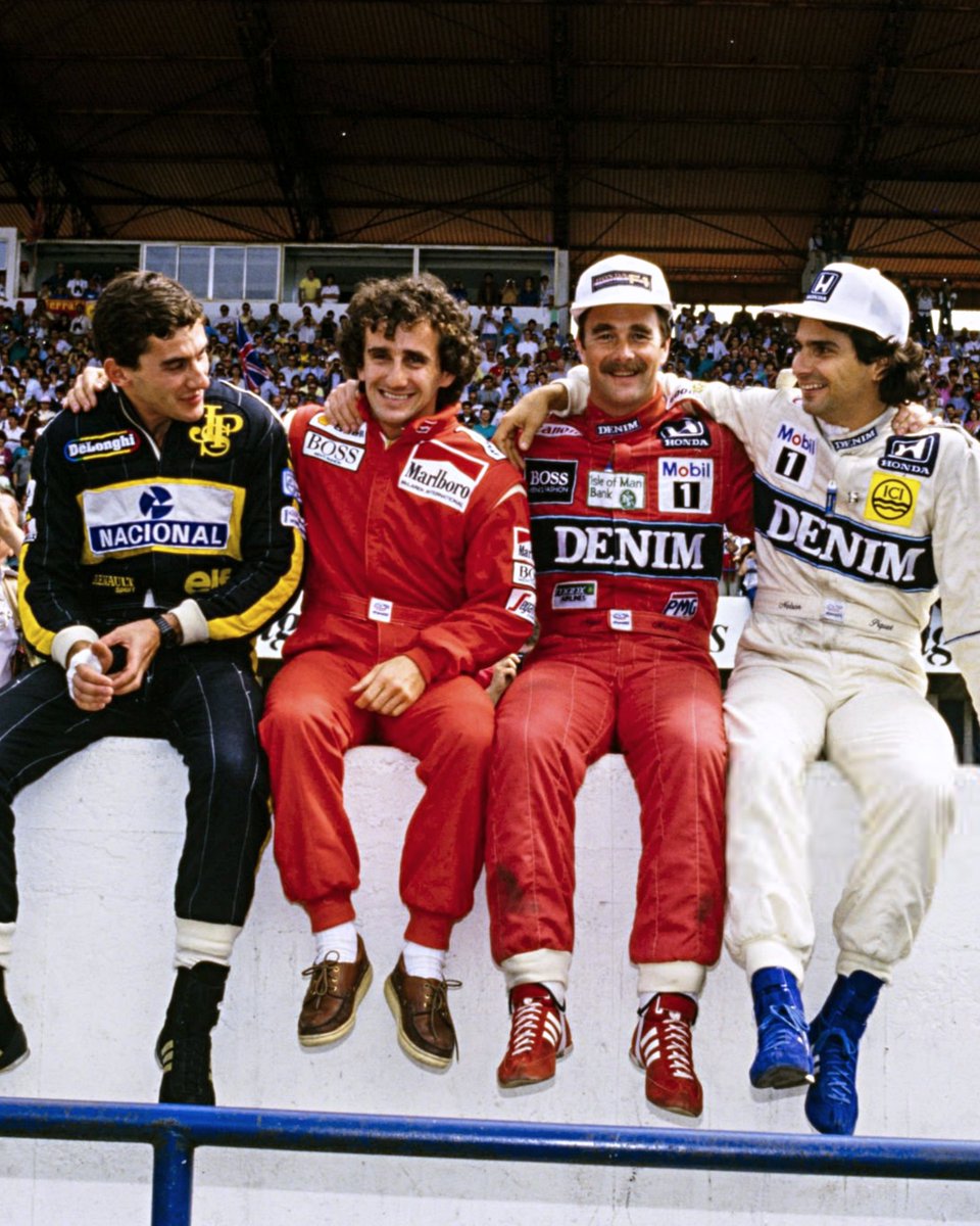 B24PT's tweet image. Ayrton Senna, Alain Prost, Nigel Mansell e Nelson Piquet no Grande Prémio de Portugal, 1986.