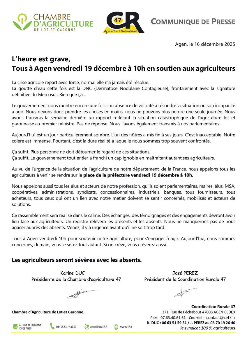 🚨 Un NOUVEAU SUICIDE d’agriculteur dans le Sud-Ouest !

➡️ Rassemblement à Agen (47) vendredi dès 10h.