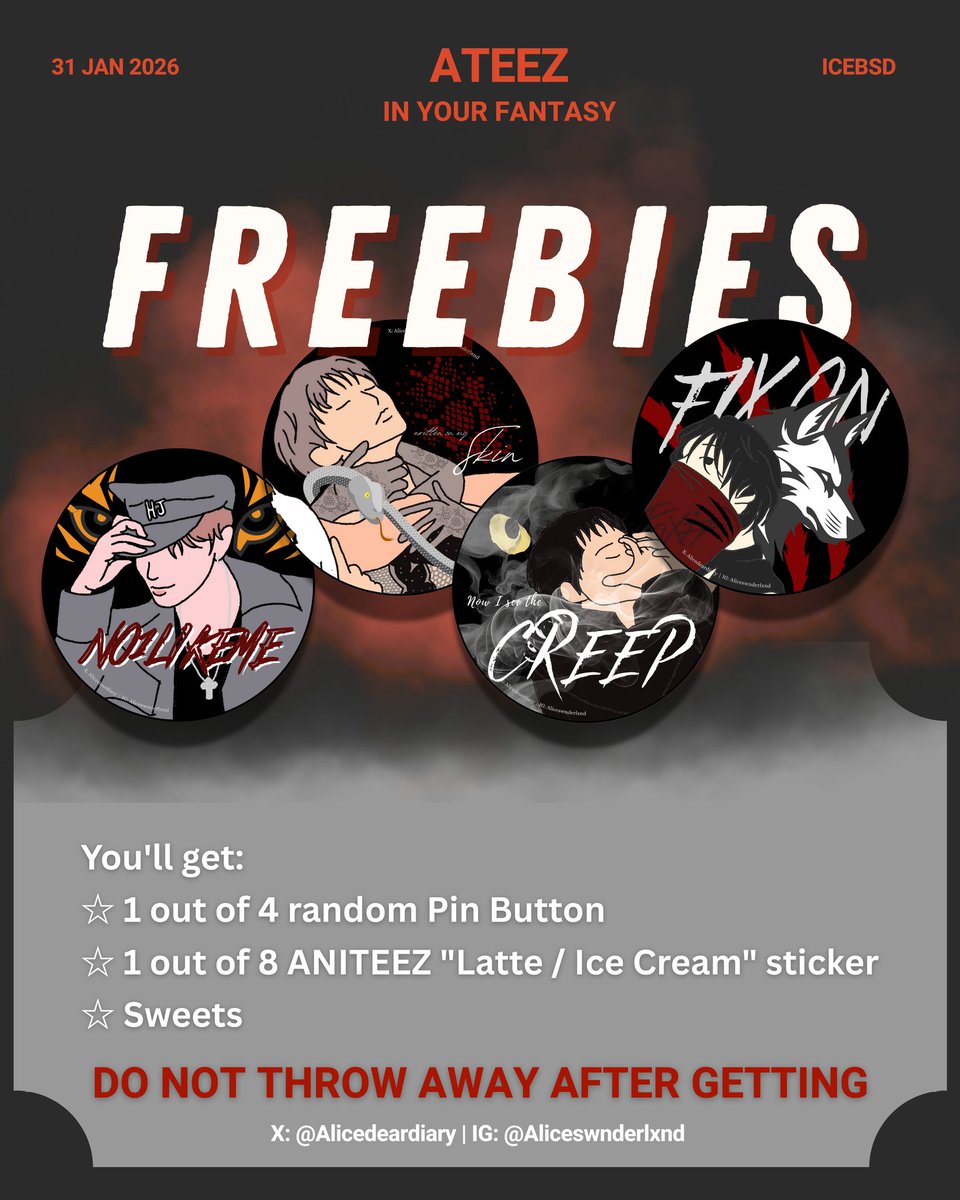 ATEEZ IN YOUR FANTASY in JAKARTA
🖤 Freebies (pt.2) by Aliceswnderlxnd

❗️❗️❗️Please refer to or read the previous post 🔽❗️❗️❗️

Freebies will be given out randomly!

🗓 31 January 2026
exact time &amp; location tba.

Kindly tag me &amp; DO NOT throw away after receiving yaa~