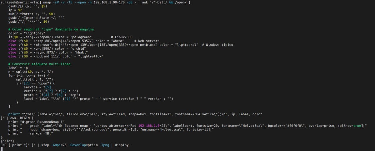 seguridadyredes's tweet photo. #nmap &amp; #GraphViz. Mejorando los scripts.
 nmap -sV -v -T5 --open -n 192.168.1.90-170 -oG - | awk '/^Host:/ &amp;&amp; /open/ {
    gsub(/[()]/, "", $2)
    ip = $2
    sub(/.*Ports: /, "", $0)
    gsub(/ *Ignored State.*/, "")
    gsub(/"/, "\\\"", $0)
... https://t.co/agiYCby6c5