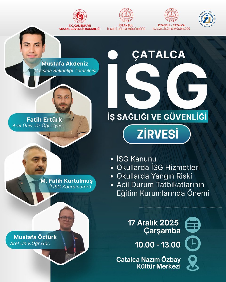 İSG – İş Sağlığı ve Güvenliği Çatalca Zirvesi, alanında uzman konuşmacıların katkılarıyla eğitim kurumlarında güvenli yaşam bilincini pekiştirmek amacıyla gerçekleştirilecektir.

📌 İSG Kanunu
📌 Okullarda İSG Hizmetleri
📌 Okullarda Yangın Riski
📌 Acil Durum Tatbikatlarının