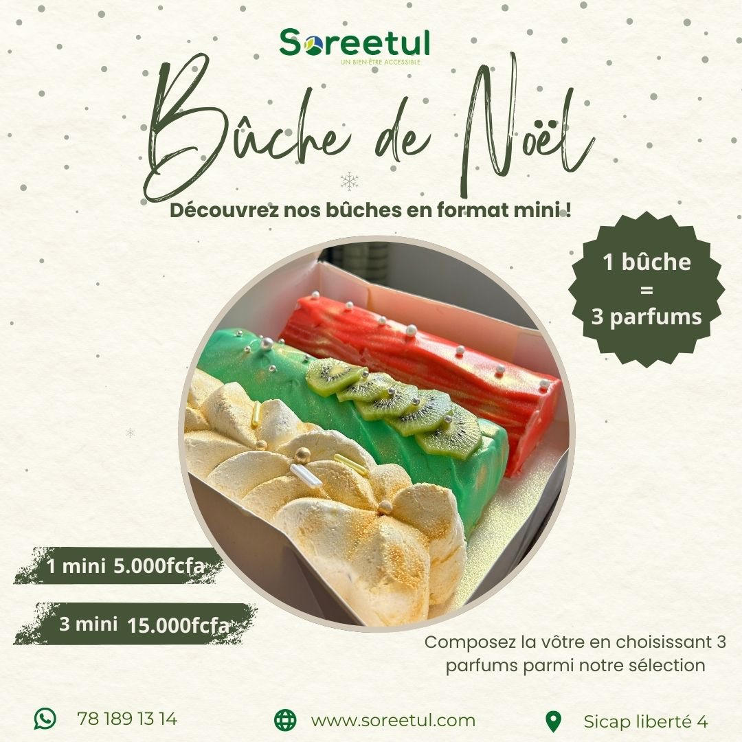 DÉCOUVREZ NOTRE NOUVELLE BÛCHE DIOLOF 🇸🇳
Une création festive qui célèbre les saveurs du sénégal.
C’est le moment de faire plaisir… ou de vous faire plaisir ! 

📞 78 189 13 14
📍 Sicap Liberté 4
🌐 soreetul.com
