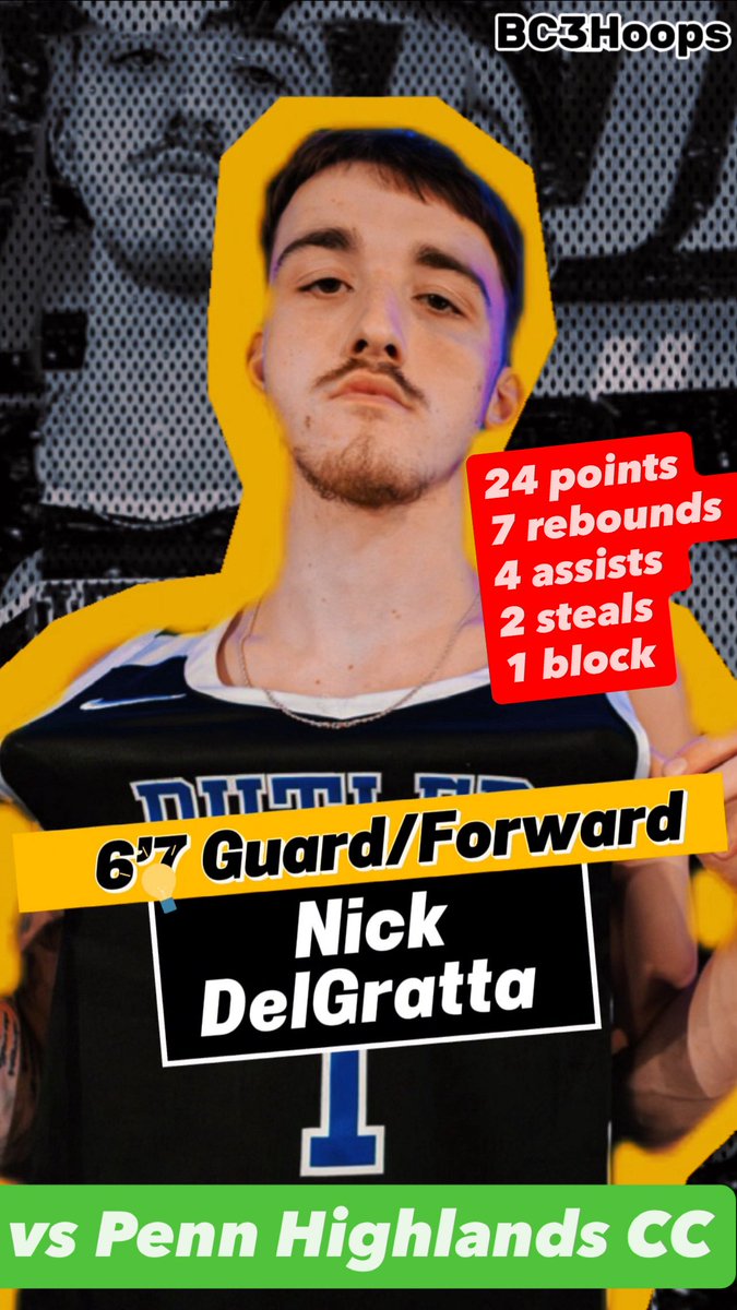 BC3Hoops1's tweet photo. 6’7 Sophomore Nick DelGratta 
had 24pts, 7rebs, 4assts, 2stls and
1blck in a big win vs Penn Highlands CC! https://t.co/RQaLEZ1DXF