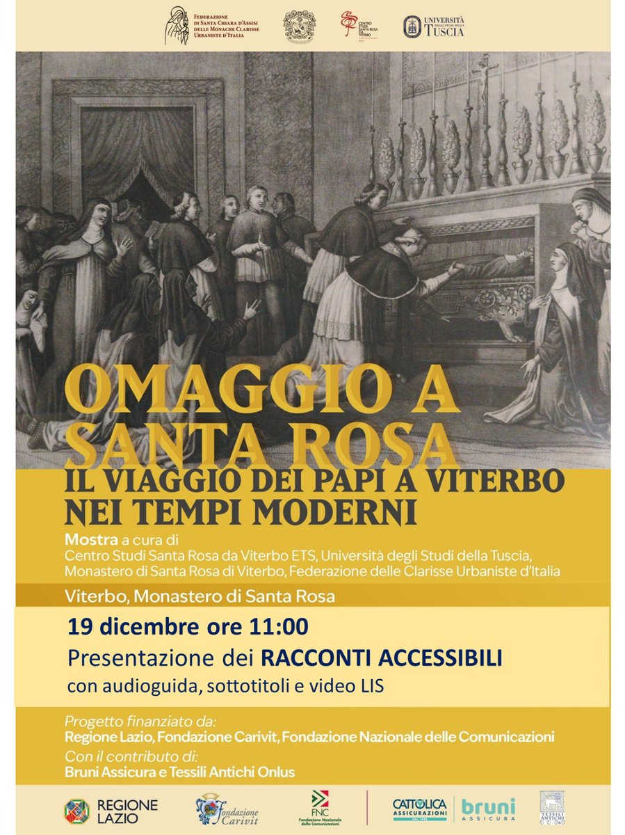 Venerdì 19 dicembre alle ore 11 presso il Monastero di Santa Rosa si terrà la presentazione di “Racconti accessibili”, un progetto che arricchisce la mostra “Omaggio a Santa Rosa. Il viaggio dei papi a Viterbo nei tempi moderni”

Maggiori info al link ↩️
bit.ly/3KTyepi