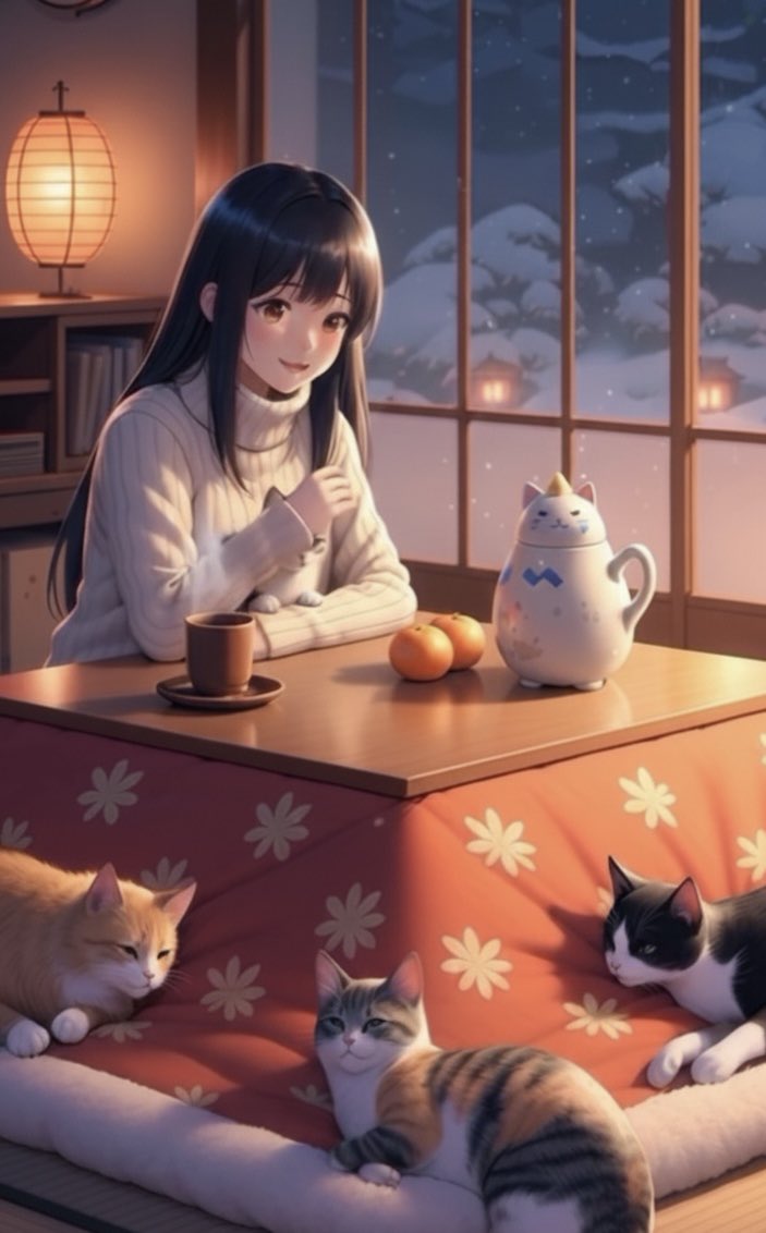 global_or's tweet photo. こたつでまったり中☕️🍊
猫たちも一緒にぬくぬく🐱

何もしない時間が、
いちばん心を回復させてくれる夜。 https://t.co/ewzYXBOYBV