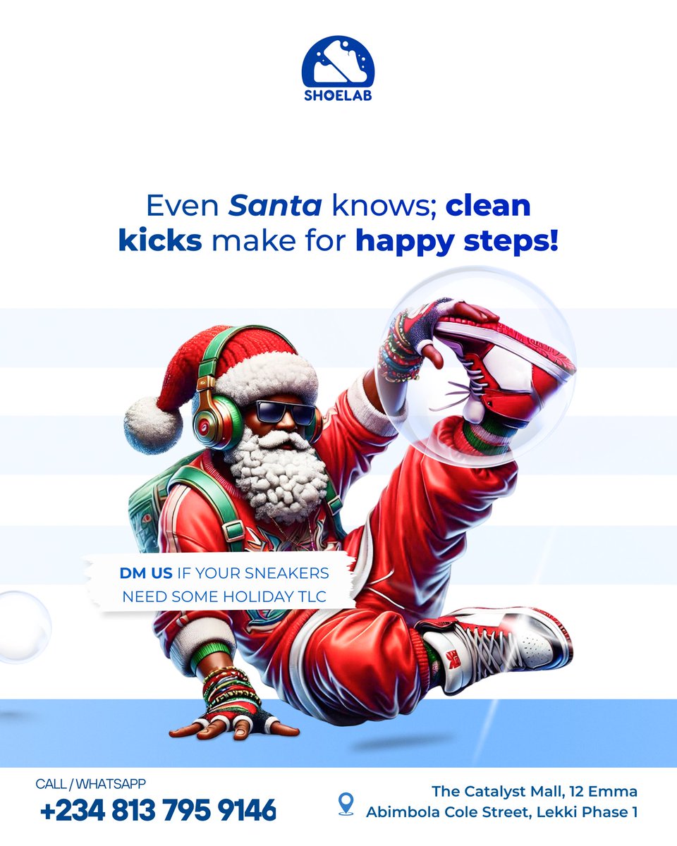 ShoeLabNG's tweet photo. Out and about this holiday season? 🎄 

Don’t let dirty sneakers slow your vibe. Bring them in for some holiday Tender + Loving + Care and step out looking fresh for every celebration! 👟🧼

#SneakerCleaning #ShoeCareInLagos #SneakerCommunity https://t.co/NHJA3vwRG4