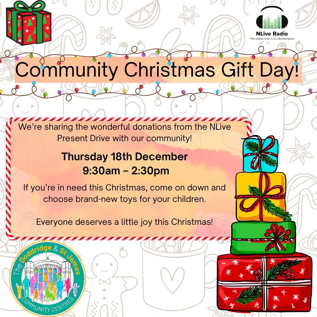 🎁 Community Christmas Gift Day! 🎁We’re thrilled to be sharing the amazing donations from the NLive Present Drive with our local community! ❤️If you’re in need this Christmas, pop down on Thursday 18th December between 9:30am and 2:30pm.