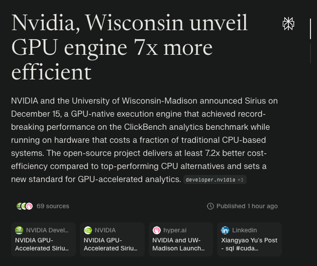 wallstengine's tweet photo. $NVDA and University of Wisconsin–Madison has unveiled Sirius, a GPU-native DuckDB engine that hit #1 on ClickBench, delivering at least 7.2x better cost efficiency vs top CPU systems. 

Separately, Nvidia’s Nemotron 3 Nano open-source LLM is out, with larger models coming 1H26 https://t.co/ftv32neW3p