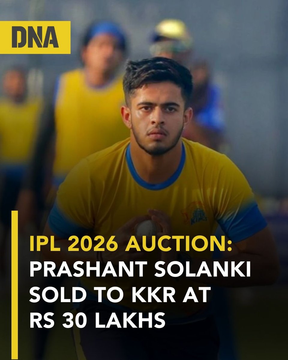 dna's tweet photo. Prashant Solanki sold to KKR for Rs 30 lakhs in the IPL 2026 auction.
#PrashantSolanki #KKR #IPLAuction #IPL2026 #IPL2026Auction https://t.co/6RDb7vrIWN
