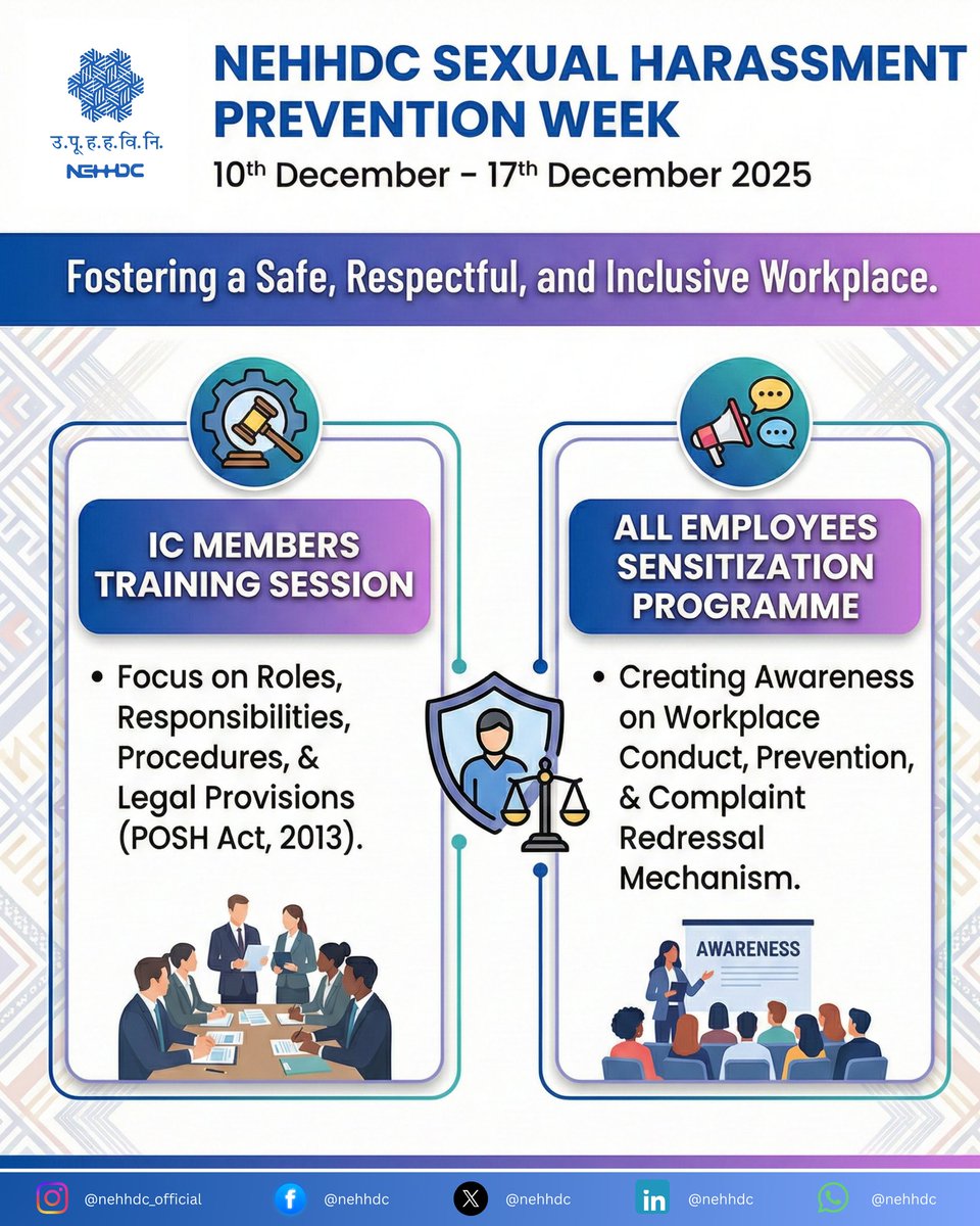 nehhdc's tweet image. NEHHDC is observing Sexual Harassment Prevention Week (10–17 December 2025) in line with the POSH Act, 2013, reaffirming its commitment to a safe, dignified and inclusive workplace.
#NEHHDC #POSHAct #SafeWorkplace