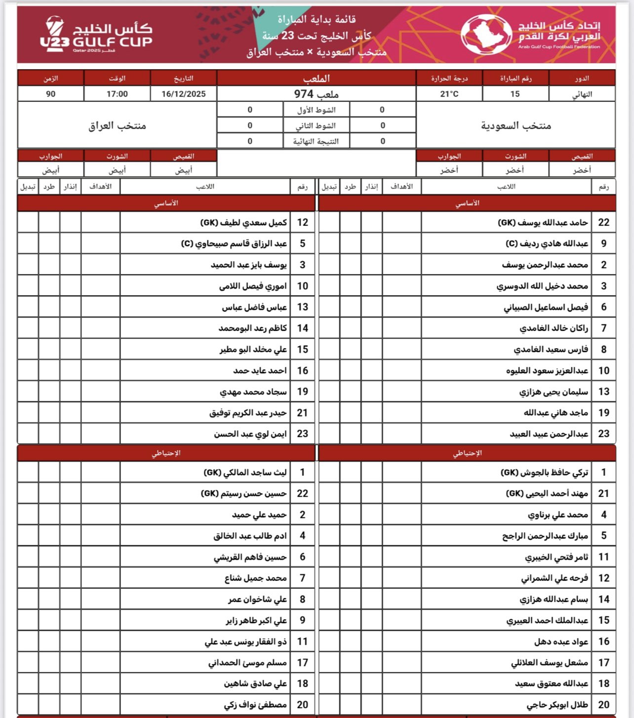 القائمة الأساسية للمنتخب السعودي تحت 23 عاماً، ونظيره منتخب العراق في المباراة النهائية لكأس الخليج تحت 23 عاماً. #كأس_الخليج_تحت23 