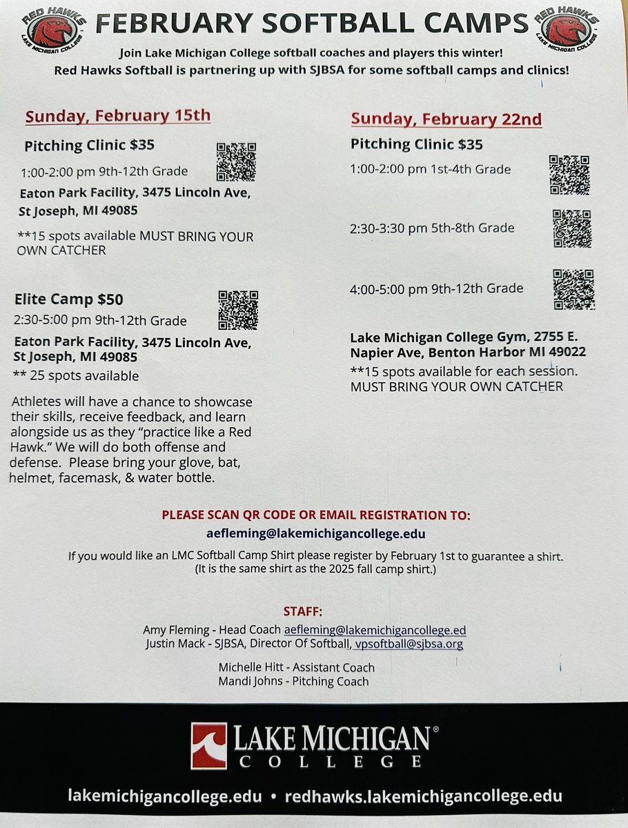 RedHawksSoftba2's tweet photo. Check out these upcoming RED HAWKS SOFTBALL CAMPS! Lake Michigan College coaches and players are partnering with SJBSA to provide winter pitching clinics &amp; all skills camps for all ages. Register today!Champions are made in the off season!🥎 https://t.co/ItdF1J8pxt