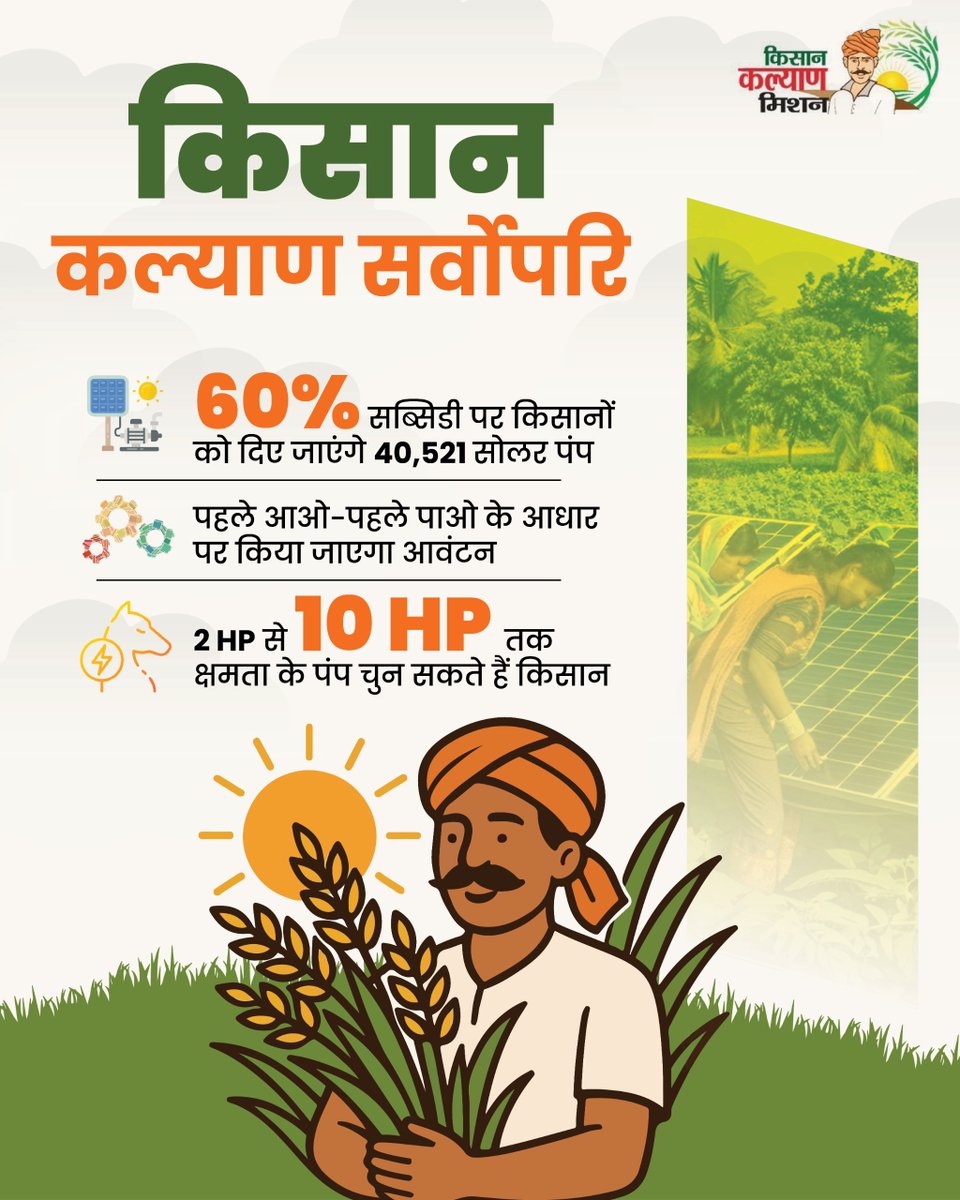 किसान कल्याण को सर्वोपरि रखते हुए उत्तर प्रदेश सरकार खेती को सशक्त बना रही है।

60% सब्सिडी पर सोलर पंप, पहले आओ-पहले पाओ के आधार पर आवंटन और 2 HP से 10 HP तक क्षमता से किसानों को सिंचाई में आत्मनिर्भरता मिल रही है।