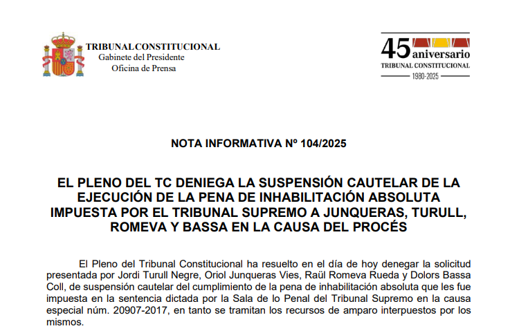Nota de prensa | El Pleno del TC deniega la suspensión cautelar de la ejecución de la pena de inhabilitación absoluta impuesta por el Tribunal Supremo a Junqueras, Turull, Romeva, Bassa en la causa del procés tribunalconstitucional.es/NotasDePrensaD…
