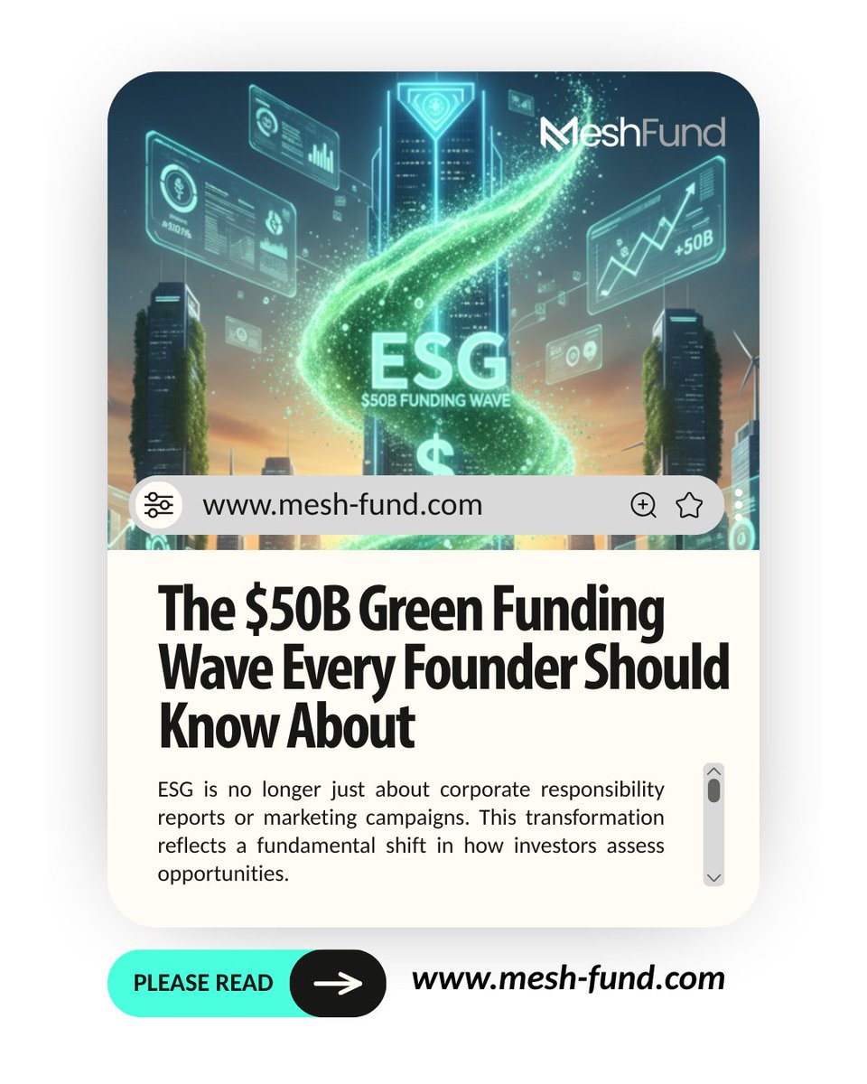 MeshFund's tweet photo. A $50B+ green funding wave is reshaping ESG &amp; Climate Tech. Here’s what founders need to know. 

🔗 https://t.co/lxastu78to

#MeshFund #ClimateTech #ESG #GreenFunding #StartupInsights #AfricaStartups #VentureCapital https://t.co/MbengIQyeA