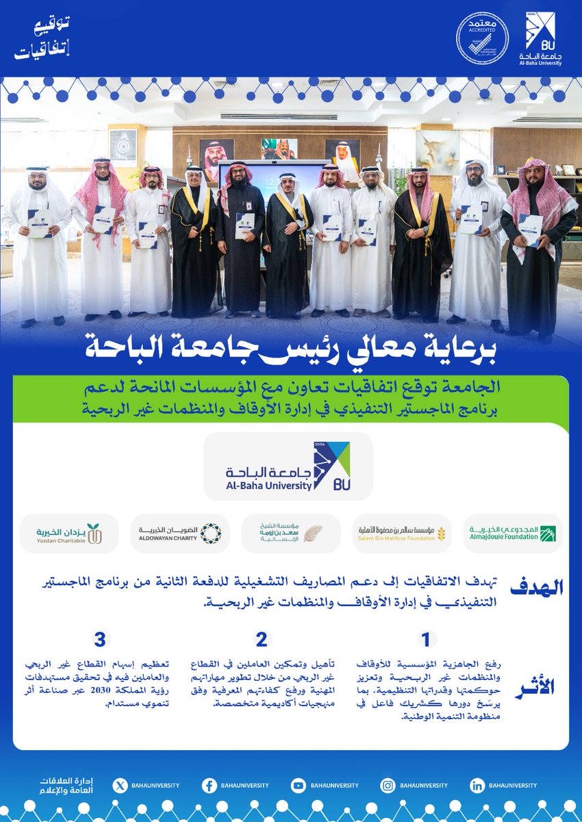 #تغطية | برعاية معالي رئيس #جامعة_الباحة أ.د. عبدالله بن يحيى الحسين ، وقّعت الجامعة ممثلة في أمانة أوقاف الجامعة عدداً من اتفاقيات التعاون مع المؤسسات المانحة لدعم برنامج الماجستير التنفيذي في إدارة الأوقاف والمنظمات غير الربحية .