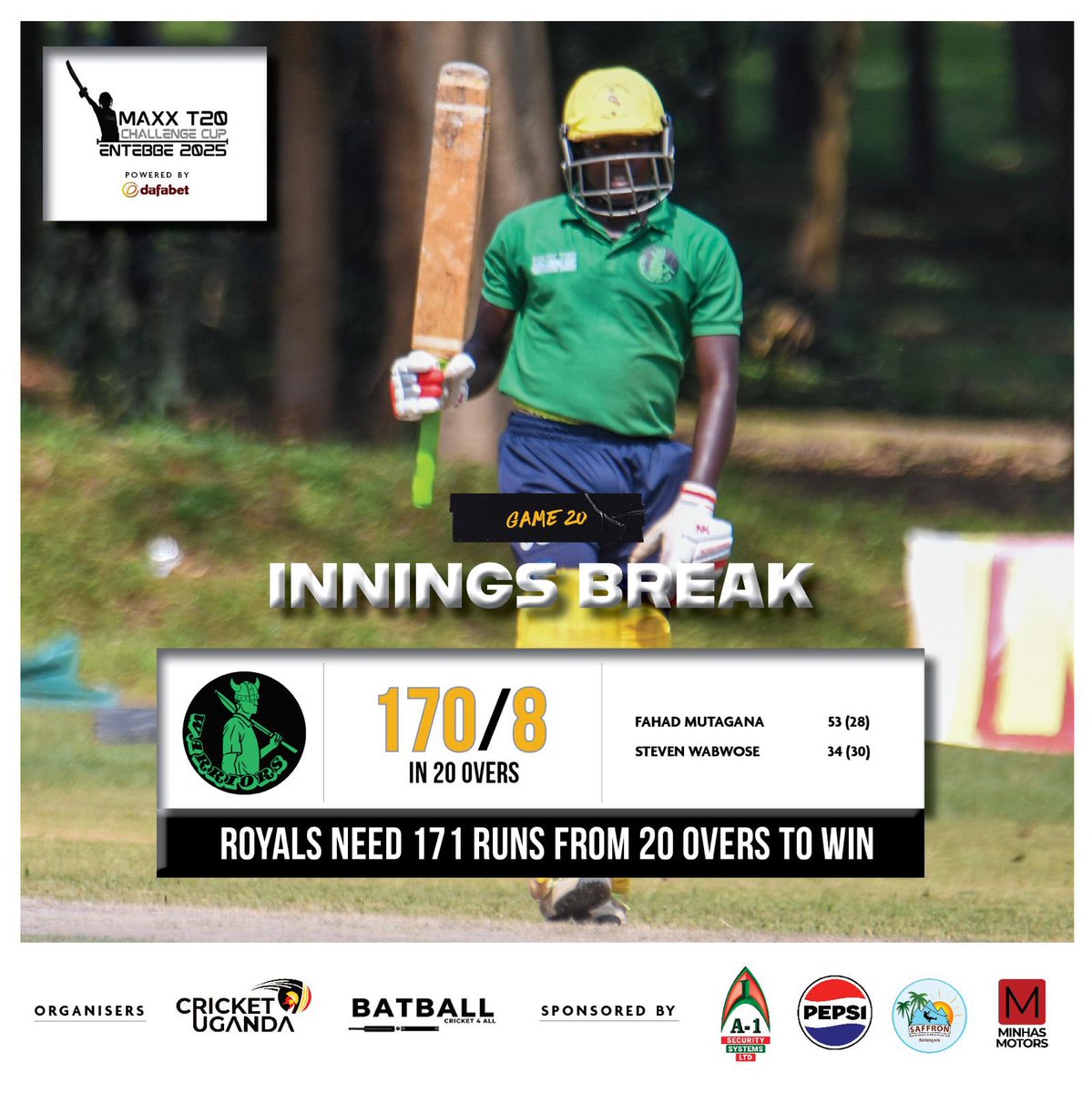 BatballO's tweet photo. Innings break | #MaxxT20CC2025 

A rapid-fire 53 off just 28 balls from Fahad Mutagana lifts the Warriors to a competitive 170/8 in 20 overs.

Royals need 171 runs from 20 overs to win. 

Watch the second innings live on https://t.co/s8eHTXpW3n and https://t.co/MJR74jm7Qo

#Cricket4All
