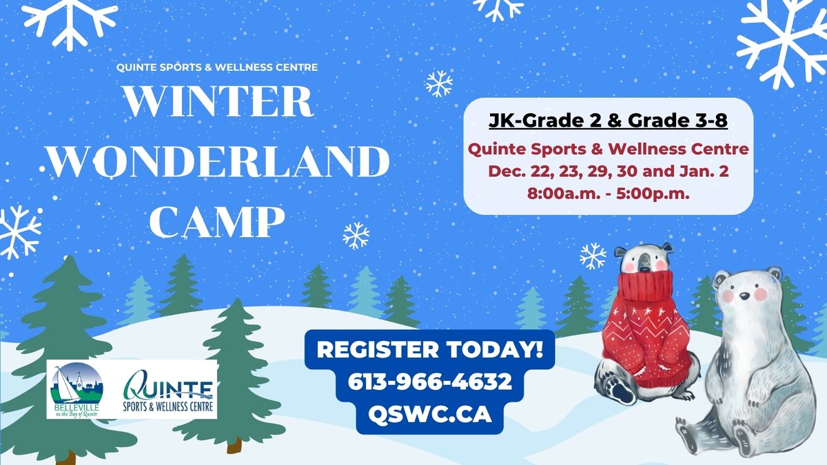 ❄️Winter Wonderland Camps☃️
Join us over the winter break from school to enjoy swimming, gym time crafts and games!
To register, call 613-966-4632 or visit QSWC.ca