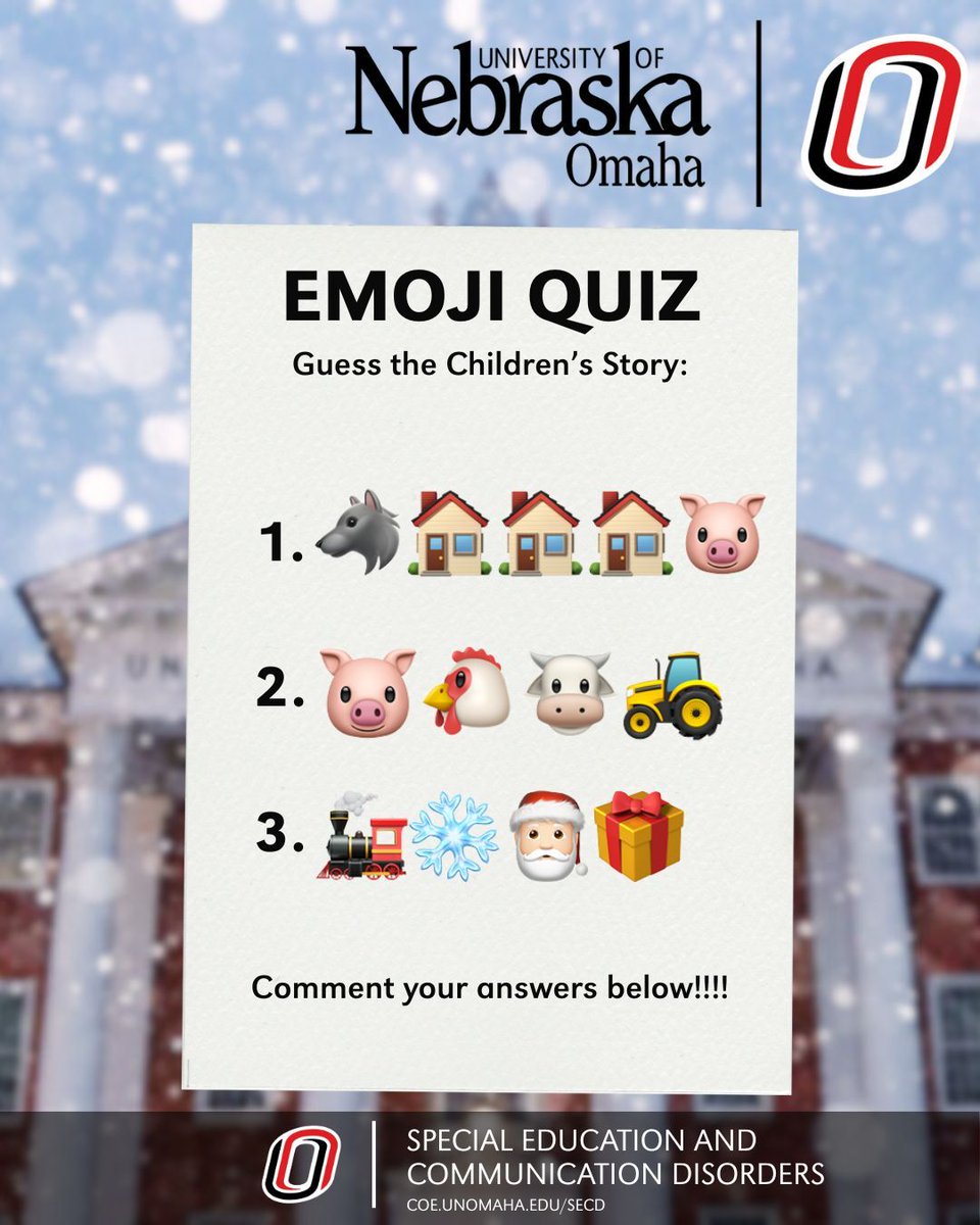 UNOSECD's tweet photo. Happy Quiz Tuesday! Test your children’s literature knowledge with today’s emoji challenge. Comment your guesses below! @unocehhs @unosecd @unonsslha #slp #inclusion #spedgradstudent #slp2be #diversity #slpgradstudent #educationmatters #career #sped https://t.co/RGzjSLVEly