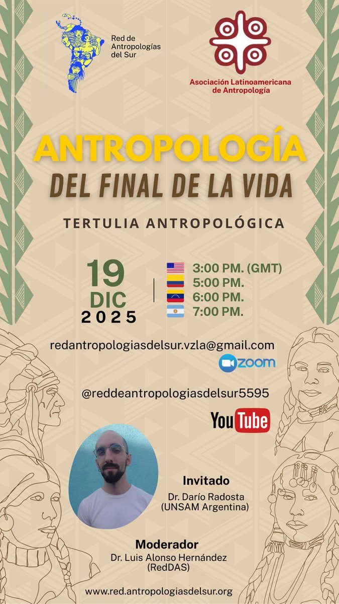 AntropoDelSur's tweet photo. 📢 La RedAS invita a su ciclo Tertulia Antropológica. Cerramos el año este viernes 19/12/2025 con el invitado, el Dr. Darío Radosta ( UNSAM, Argentina).

🔗 En vivo por el canal YouTube de la RedAS, con apoyo del Zoom de la ALA:
https://t.co/zPohiOzAD9 https://t.co/BPovyV0D3V