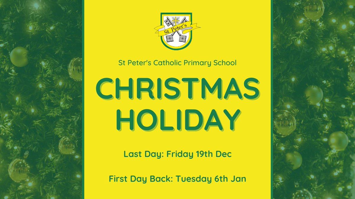 REMINDER:
 
We break up for Christmas this Friday (19th December)!
 
We hope you’ll all have a happy and peaceful Christmas, and a happy new year 💚⭐️
 
We’re looking forward to seeing you all back in school on Tuesday 6th January