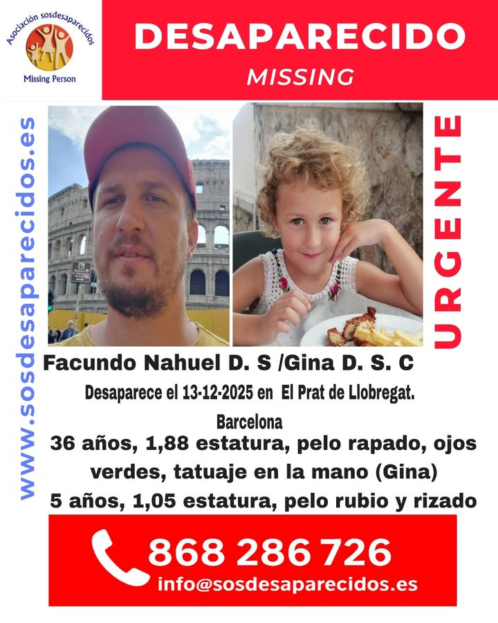 ⚠️#ViolenciaVicaria
Buscan a Gina, de 5 años, y a su padre Facundo Nahuel, de 38, desaparecidos desde el pasado 13 de diciembre en El Prat de Llobregat #Barcelona

El padre no devolvió a la niña a su madre tras el régimen de visitas acordado
#ViolenciaDeGénero