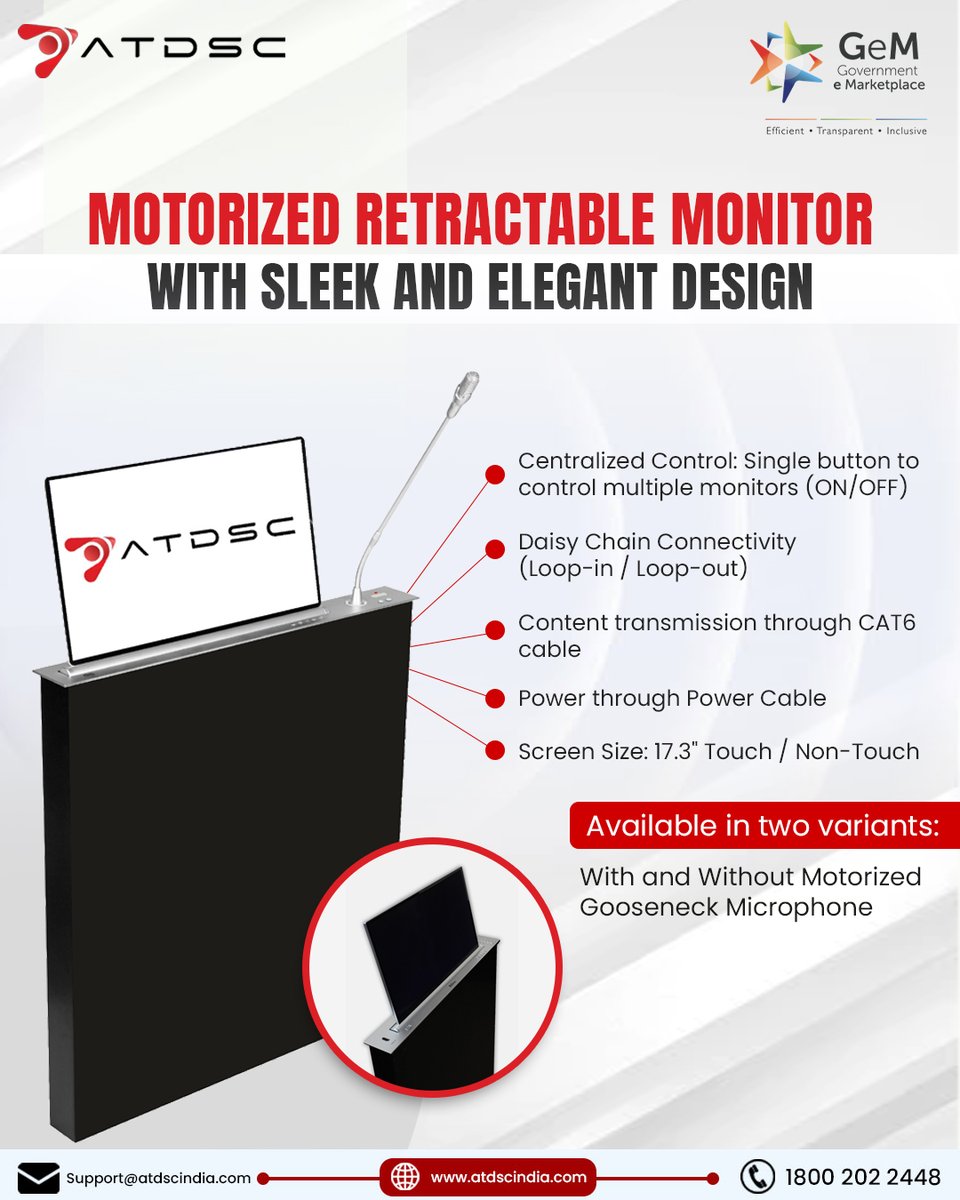 _atdsc's tweet photo. Introducing our Motorized Retractable Monitor — designed with a sleek &amp; elegant finish to elevate modern boardrooms, council halls, and smart conference rooms.
#ATDSC #MotorizedMonitor #RetractableMonitor #ConferenceRoomTechnology #SmartConference #AVSolutions #AudioVisual https://t.co/kBIvG24gpb