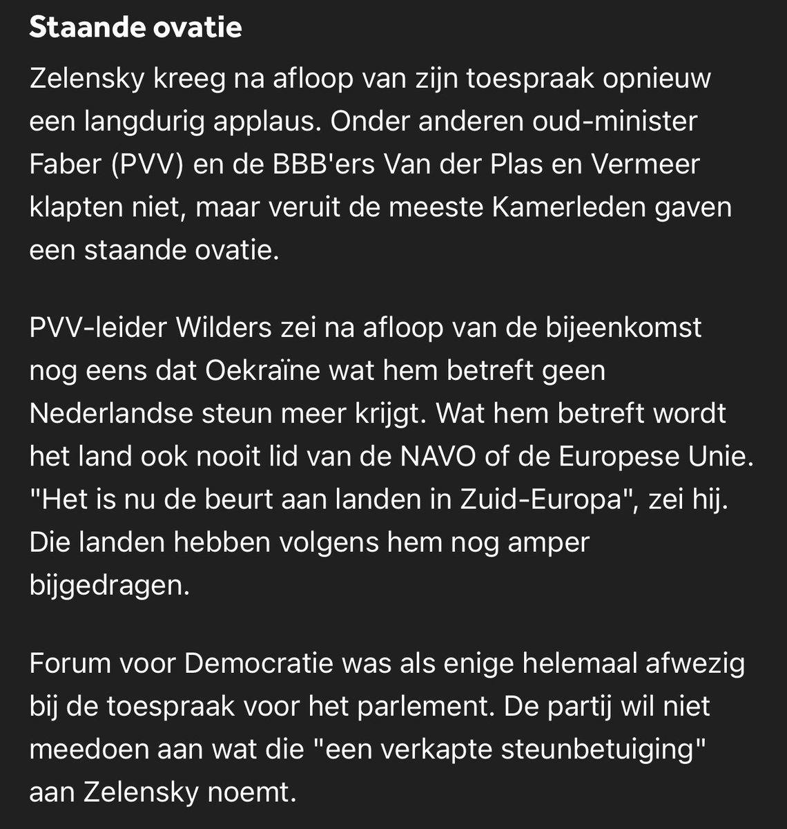 De PVV, FvD en de BBB.
Drie onderbuikpartijen.
Tezamen 37 kamerleden die #Zelensky nog net niet -letterlijk!- in z'n gezicht spugen.

Maar volgens #Yesilgöz moet de <a href="/VVD/">VVD</a> vooral 't "geradicaliseerde" GL-PvdA blokkeren.
Dàt standpunt wordt met de dag stuitender in deze oorlogstijd.