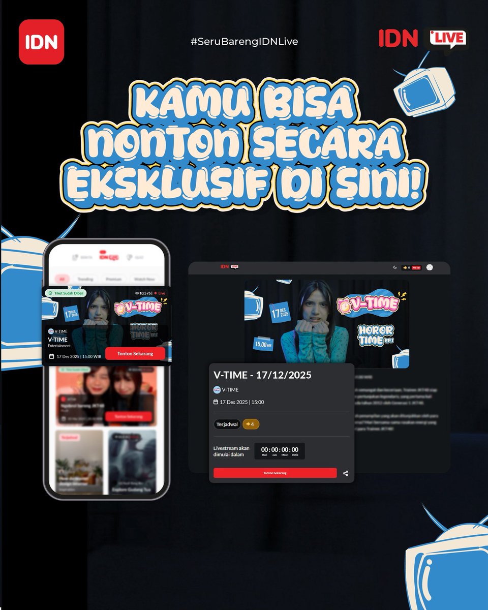 idn_app's tweet image. It’s V-Time, guys!❤️
Di episode perdana ini, @A_VirgiJKT48 literally step out of her comfort zone yang tayang 17 Desember, pukul 15.00 WIB! Kamu wajib jadi saksi di moment Virgi JKT48💥

Yuk join vibes eksklusifnya—hanya di IDN Live Paid Room!

#VTime
#SeruBarengIDNLive