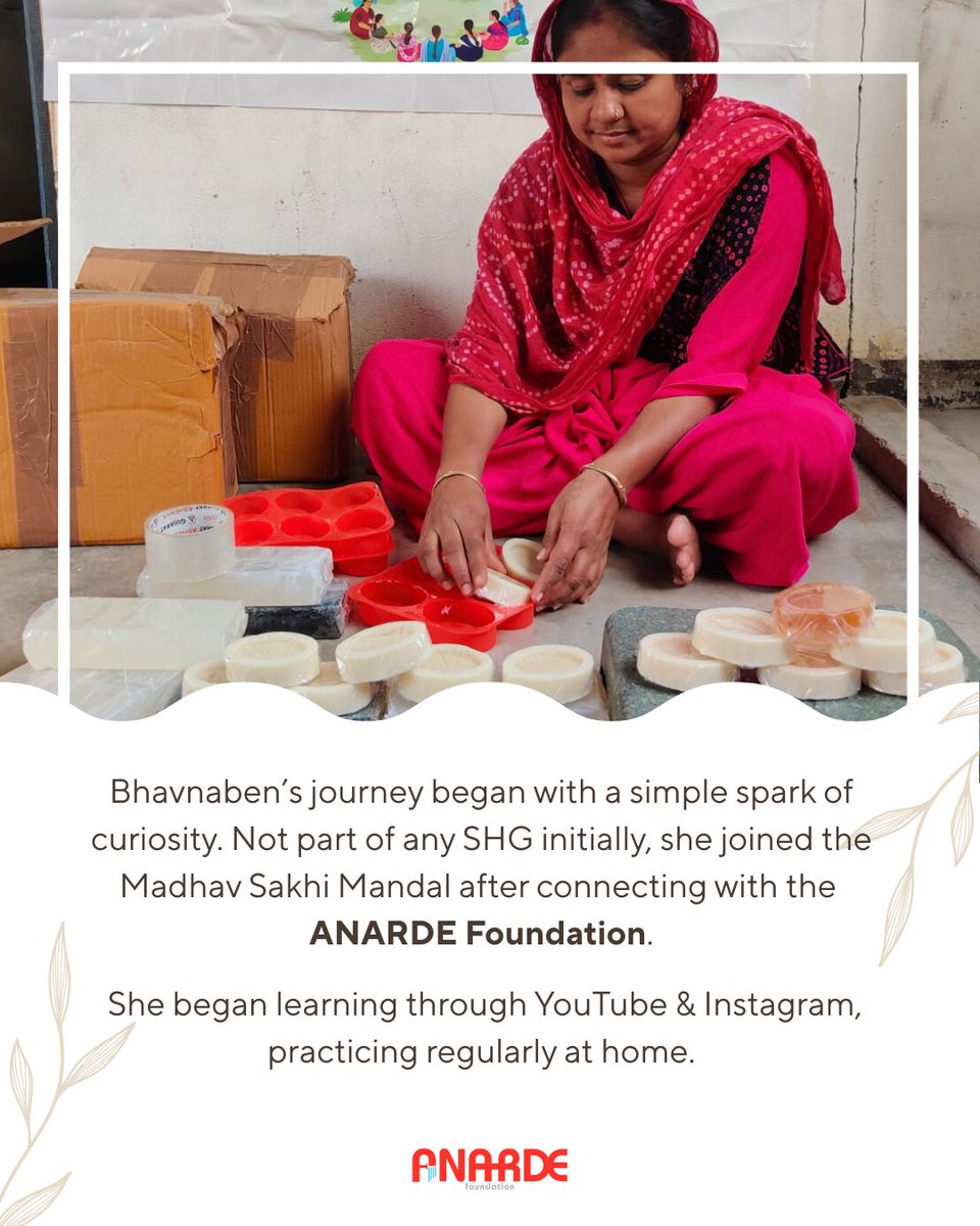 anardeindia's tweet photo. A self-taught artisan, Bhavnaben used digital tools to master handmade soaps—from Neem and Beetroot to D-Tan.

Her journey scaled when she joined the ANARDE Foundation and became part of a women’s collective, gaining confidence, visibility, and market access. https://t.co/EwLercRq6y