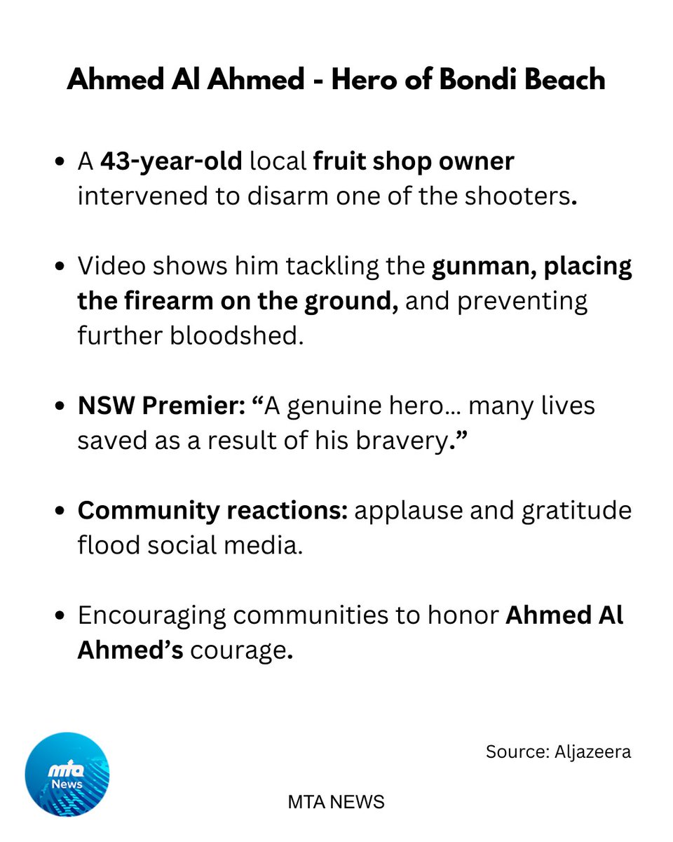 NewsMTA's tweet image. 🇦🇺 A tragic attack at Sydney’s Bondi Beach leaves at least 15 dead and dozens injured. 

Amidst the chaos, hero Ahmed al Ahmed intervened to save countless lives.