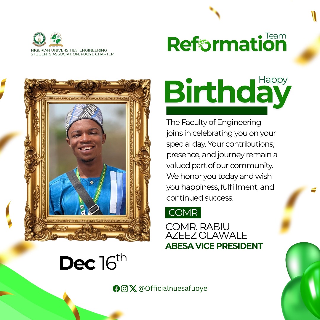 nuesafuoye1's tweet photo. Cheers to our ABESA Vice President 🎉
Happy Birthday, Comr. Rabiu Azeez Olawale 🎂💚

#HappyBirthday #TeamReformation #ABESA #NUESA #Fuoye https://t.co/zHzjLAb5xv