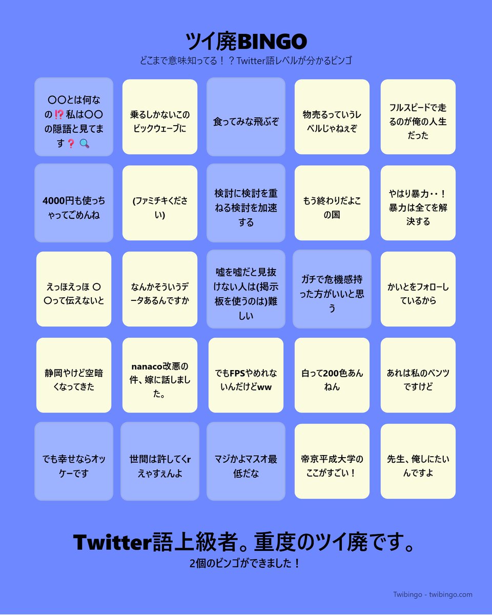 ActiveTK5929's tweet photo. オリジナルのおもしろビンゴを作ってTwitterで共有できるサイト「Twibingo」を公開しました！！ぜひお試しください！
https://t.co/P3Lgmh35PB https://t.co/ZqVw5sUPoE