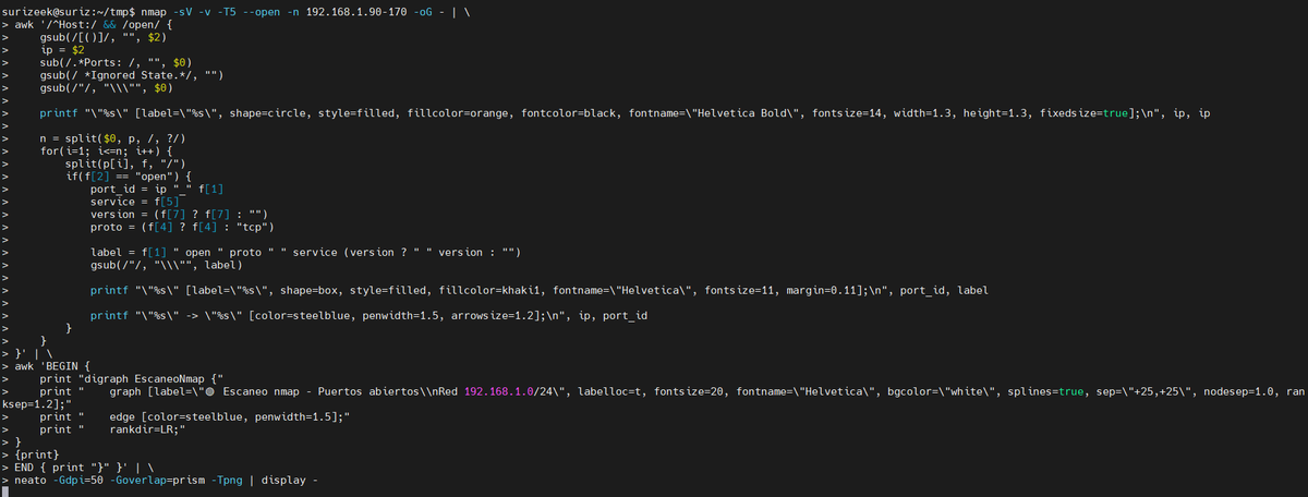 seguridadyredes's tweet photo. #nmap &amp; #GraphViz.
Estructurando un poco el script.

#dot
printf "\"%s\" [label=\"%s\", shape=circle, style=filled, fillcolor=orange, fontcolor=black, fontname=\"Helvetica Bold\", fontsize=14, width=1.3, height=1.3, fixedsize=true];\n", ip, ip https://t.co/3kRIaan0Pw