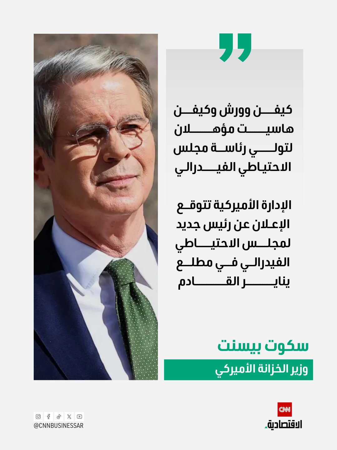 وزير الخزانة الأميركي سكوت بيسنت: كيفن وورش وكيفن هاسيت مؤهلان لتولي رئاسة مجلس الاحتياطي الفيدرالي. الاسمان المطروحان يمتلكان الخبرة والمؤهلات اللازمة لقيادة البنك المركزي الأميركي في المرحلة المقبلة. الإدارة الأميركية تتوقع الإعلان عن رئيس جديد لمجلس الاحتياطي الفيدرالي في مطلع يناير القادم 