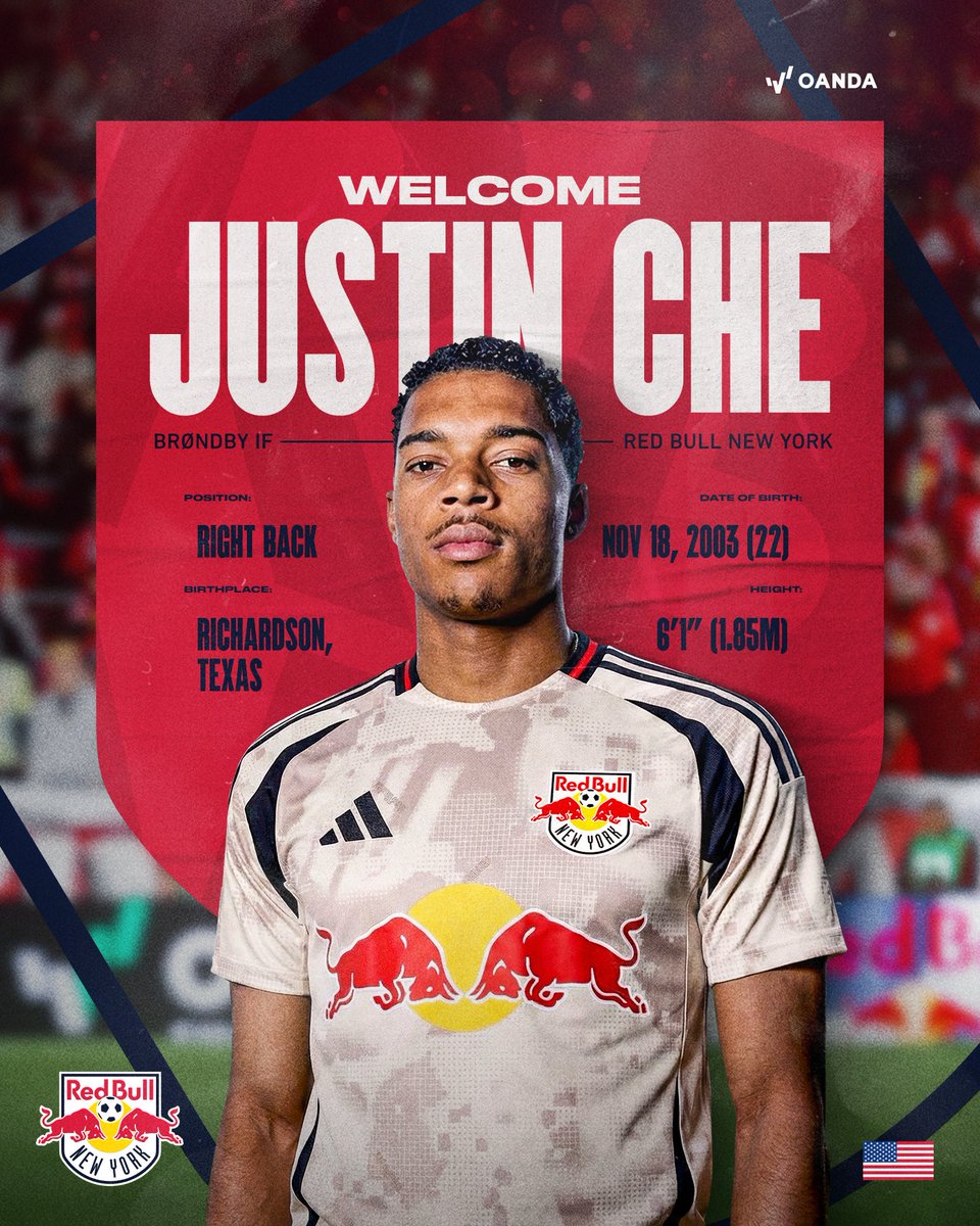 NewYorkRedBulls's tweet image. CHE TIME. Welcome to the Red Bulls, Justin 🤝

We have signed defender Justin Che from Brondby IF. 

#RBNY 🔴 @OANDA