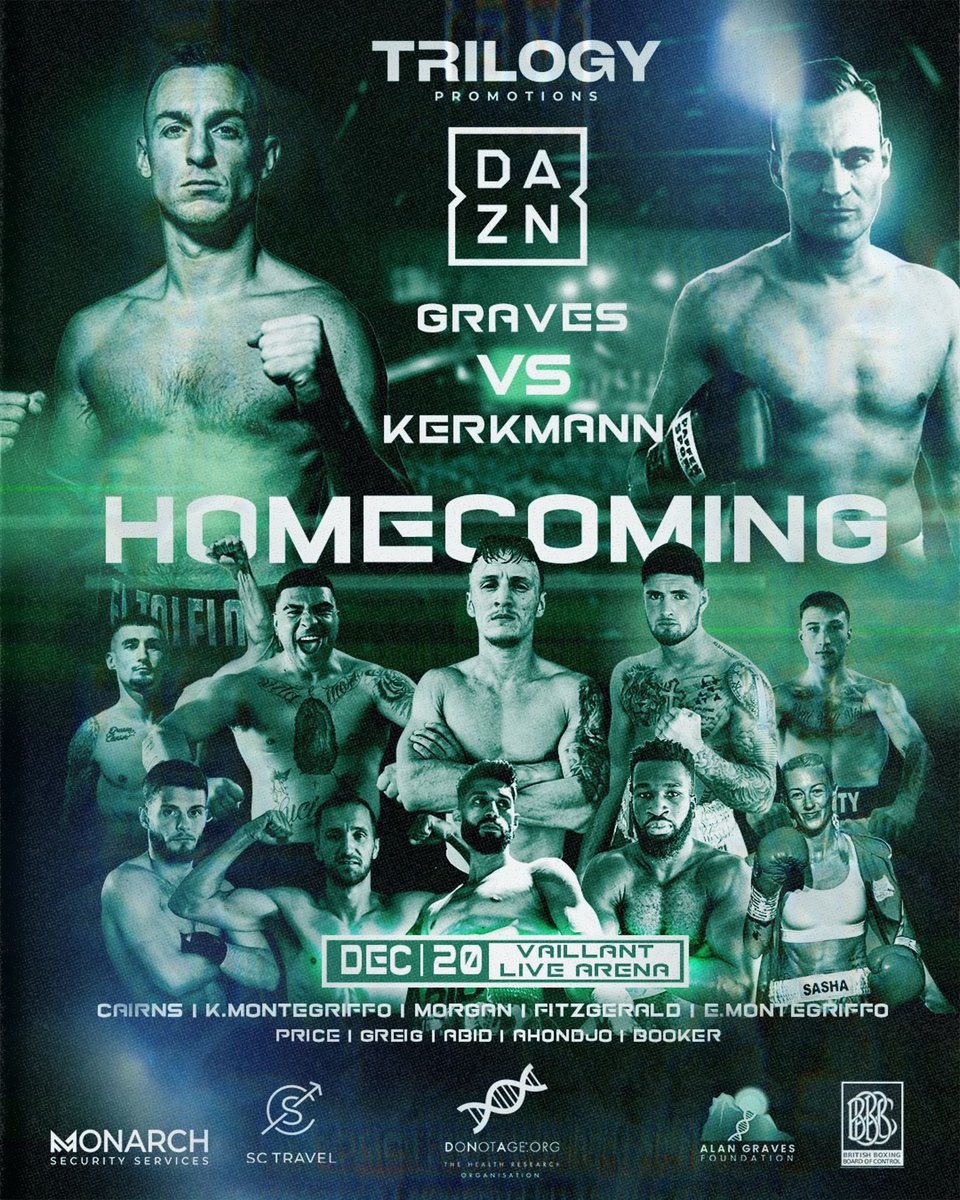 You can watch it on DAZN… 📺
Or you can feel it LIVE at Vaillant Arena, Derby 🔥🥊🥊
<a href="/AlanJackGraves/">𝗔𝗹𝗮𝗻 Graves</a> 🆚 Kerkmann
🎟️ Last few tickets available: ticketmaster.co.uk/event/2300635B…